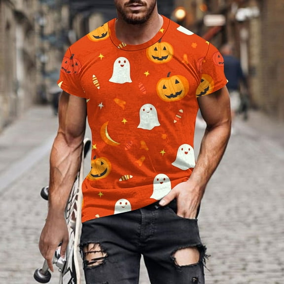 Handshe Men's Halloween Printed Round Neck Short Sleeve T-Shirt - Trendy Casual T-Shirt