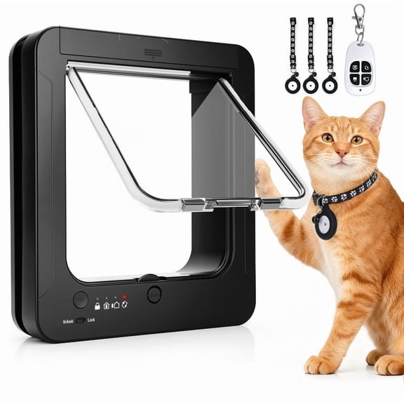 Smart Cat Door for Interior & Exterior, RFID Cat Pet Door with 3 Collar Sensor Keys & 1 Remote Control & 4 Way Locking Cat Flap with Collar Sensors Activated Opening CatDoor