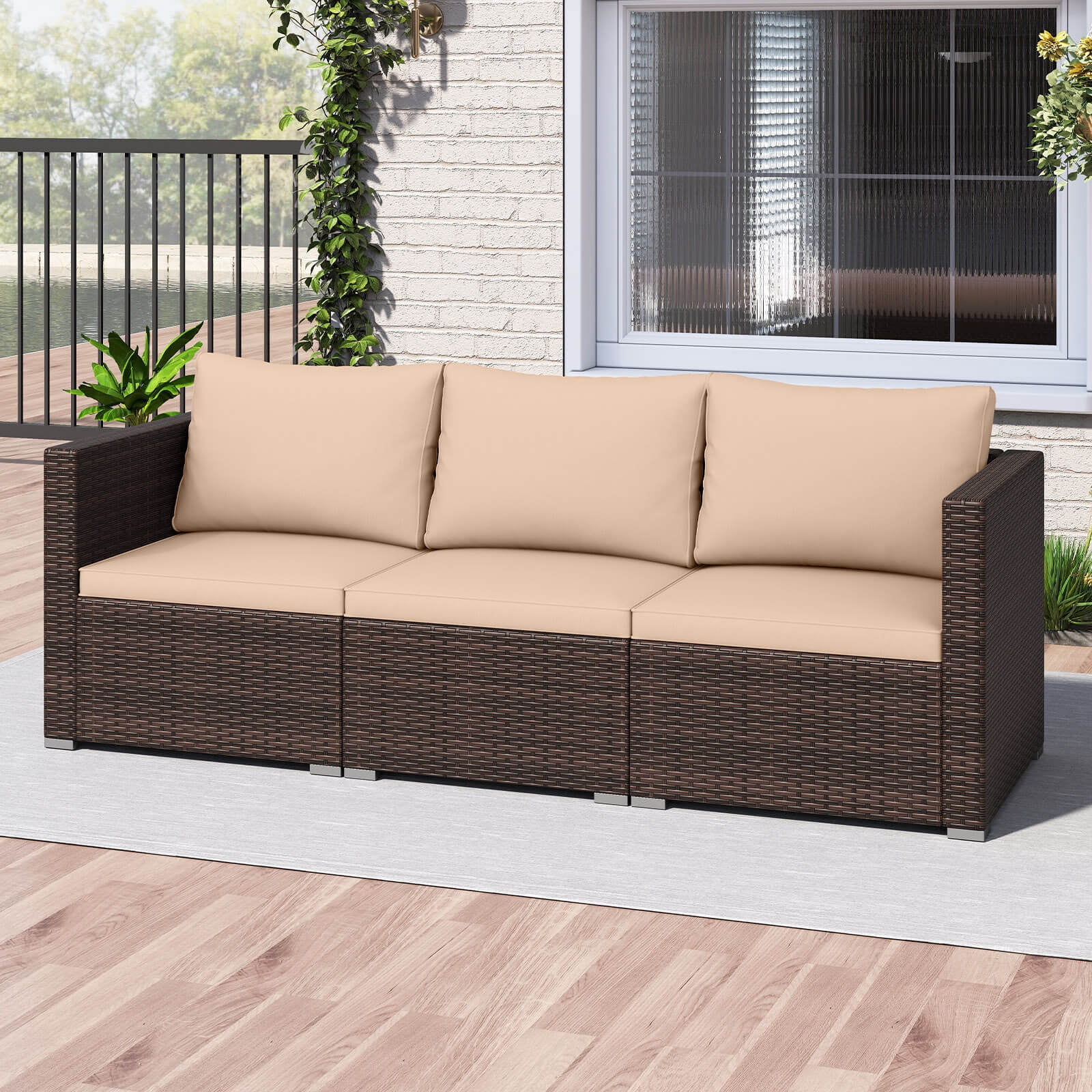 Costway 3PCS Patio Sectional Sofa Set with Right Arm Sofa & Left Arm Sofa, Soft Cushions Beige + Mix Brown