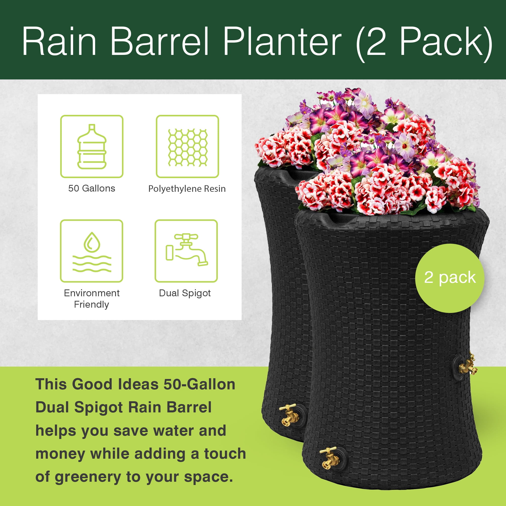 Good Ideas Impressions 50-Gallon Nantucket Rain Saver, Black (2 Pack)