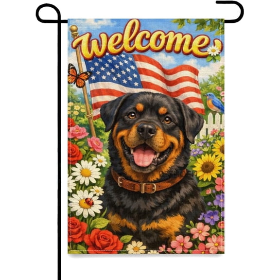 Patriotic Dog Welcome Garden Flag, Cute Rottweiler Design, Outdoor Yard Flag, 12 x 18 Inch, Red White and Blue American Style Lawn and Porch Decor