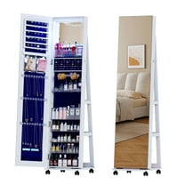 LVSOMT 360° Rotatable Jewelry Armoire Free Standing Lockable Storage Cabinet Organizer with Full Length Mirror LED Vanity, White