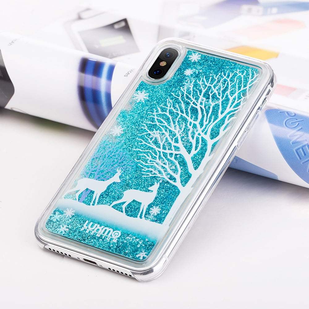 3D Winter Sparkle Glitter Waterfall Phone Case (Winter Deer) for Apple iPhone XS/X - Interactive Water Liquid Cascade Floating Snow Globe Dynamic Transparent Smartphone Cover Snow Nature Animals Woods