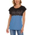 thumbnail image 1 of Pompotops T-shirt Décontracté pour Femmes Col Rond Uni Patchwork en Dentelle Manches Courtes Pull Blouse Tops, 1 of 6