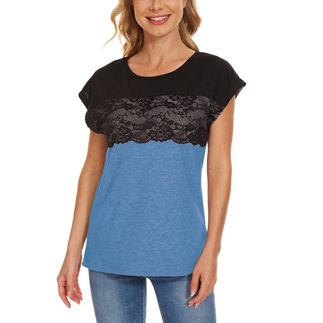 Pompotops T-shirt Décontracté pour Femmes Col Rond Uni Patchwork en Dentelle Manches Courtes Pull Blouse Tops