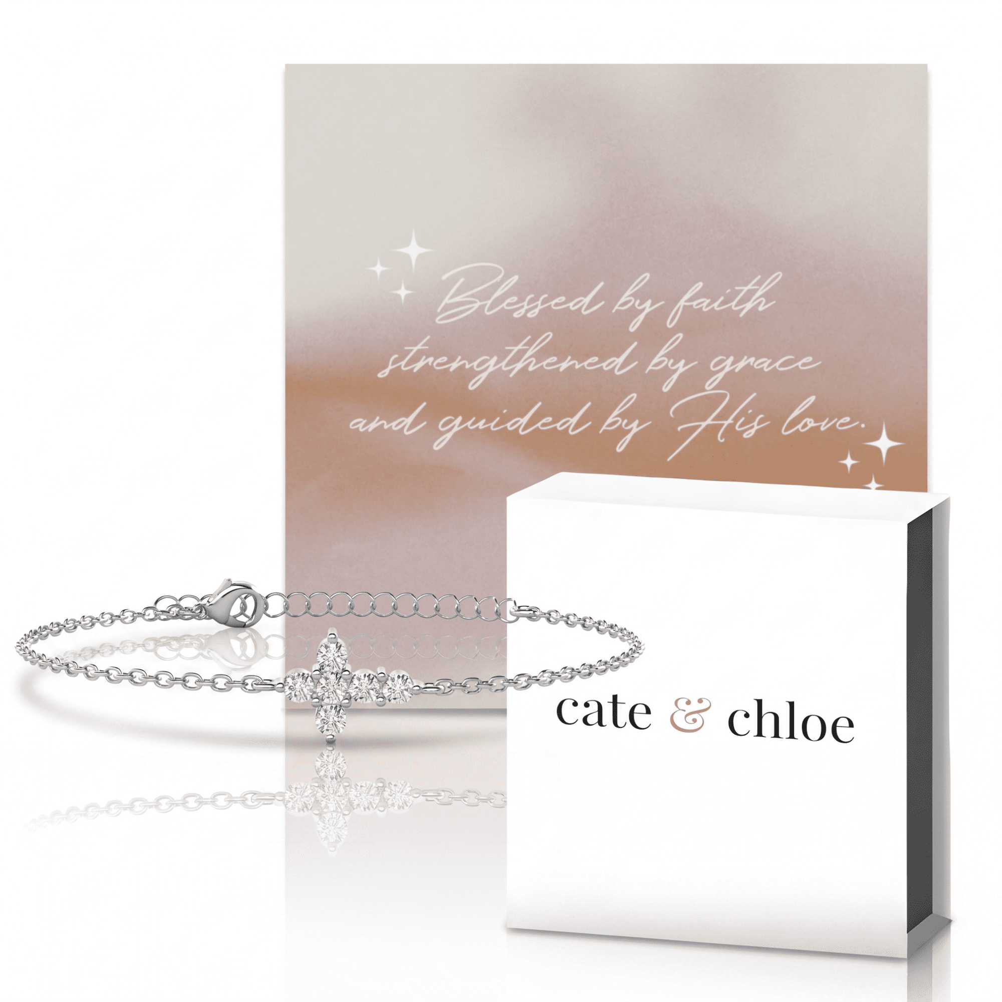 Cate & Chloe Zuri 18k White Gold Plated Cross Bracelet & Blessed by Faith Tan Sand Card