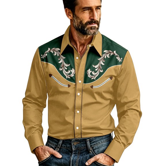 xfsWaSs Men's Western Cowboy Shirt Vintage Print Long Sleeve Shirts Slim Fit Casual Button Down Shirts Cowboy Blouses Festival Outfit Fashion Tops