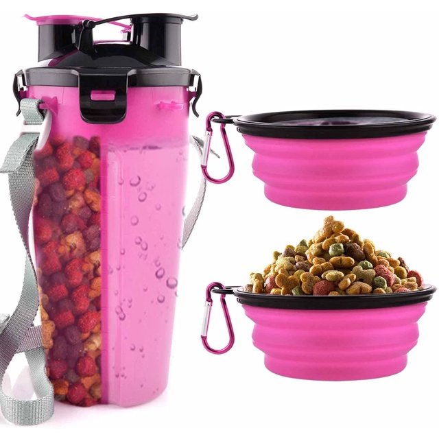 Dual Chamber Bottle with 2 Collapsible Bowls Small Pets Outdoor