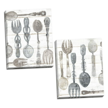 Folk Decor - Gango Home Decor Contemporary Spoons and Forks II & III Neutral by Albena Hristova (Ready to Hang); Two 16x20in Hand-Stretched Canvases