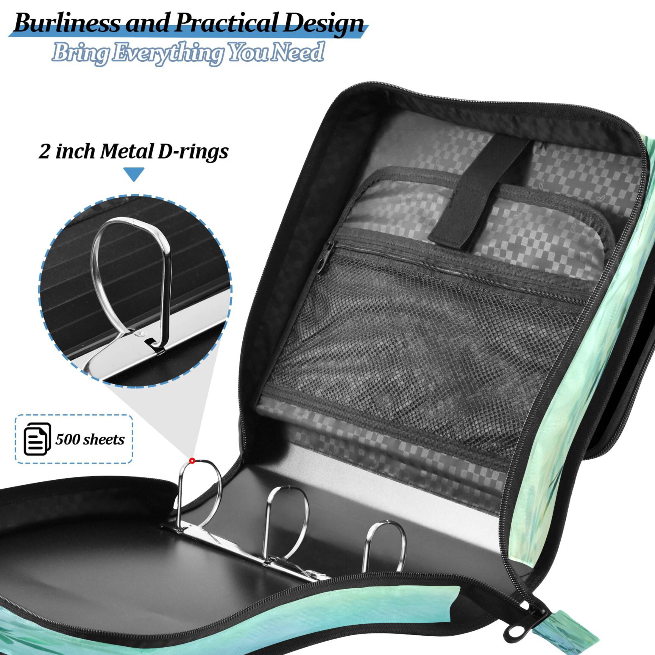 3 Ring Zipper Binder Stationery Organizer for Study Work Home Travel, All-Purpose File Folder Storage Bag for Daily Document Organization Fresh Teal Foliage