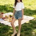 thumbnail image 5 of QIUOMBBP Girls High Waist Distressed Denim Short Frayed Hem A-Line Shorts with Pockets Fashion Summer Shorts Blue 9-10Years, 5 of 6