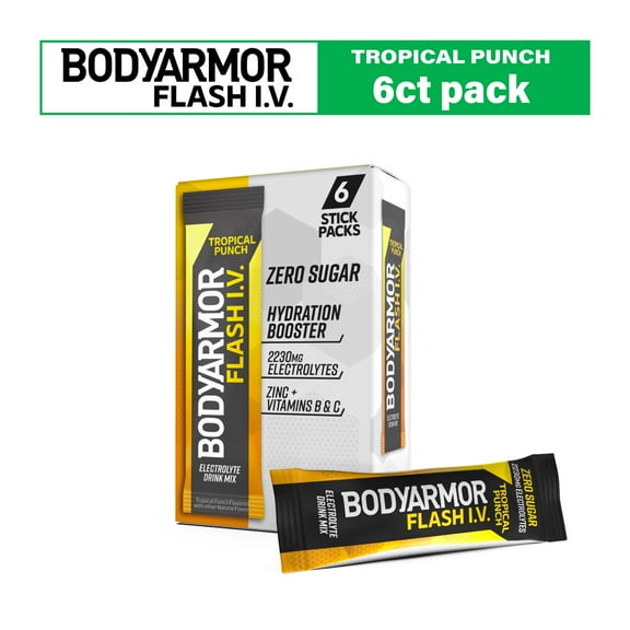 BODYARMOR Flash I.V. Tropical Punch Zero Sugar Electrolyte Powder Mix, 0.28 dry oz, 6 Pack Pouches