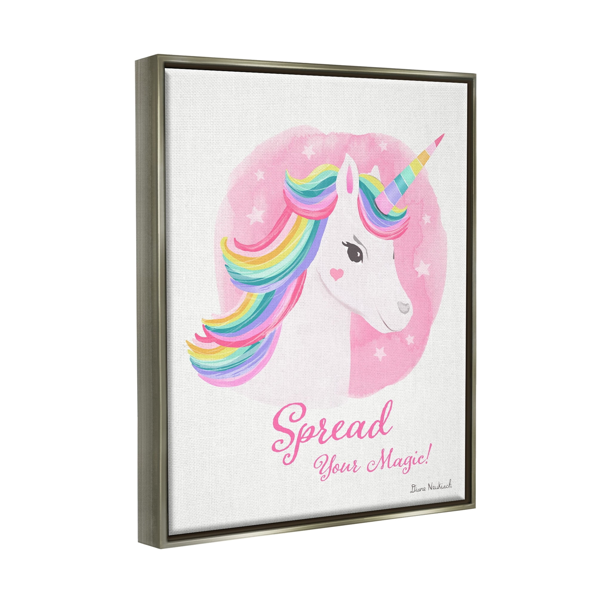 Stupell Industries Spread Your Magic Fantasy Rainbow Unicorn Mane Graphic Art Luster Gray Floating Framed Canvas Print Wall Art, Design by Diane Neukirch