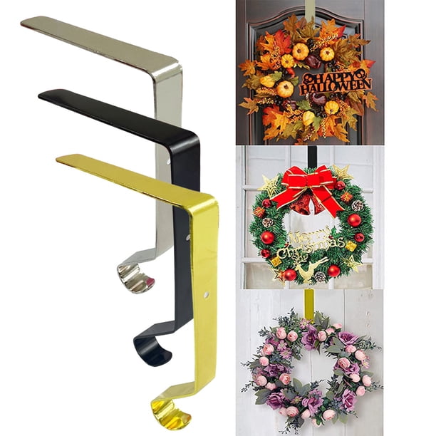 Gancho para el soporte de la media navideña | Hierro de alta resistencia | Montura sobre puerta 16x10x2cm | Soporta hasta 10 libras • Oro negro Plata • Percha de corona fina y duradera para