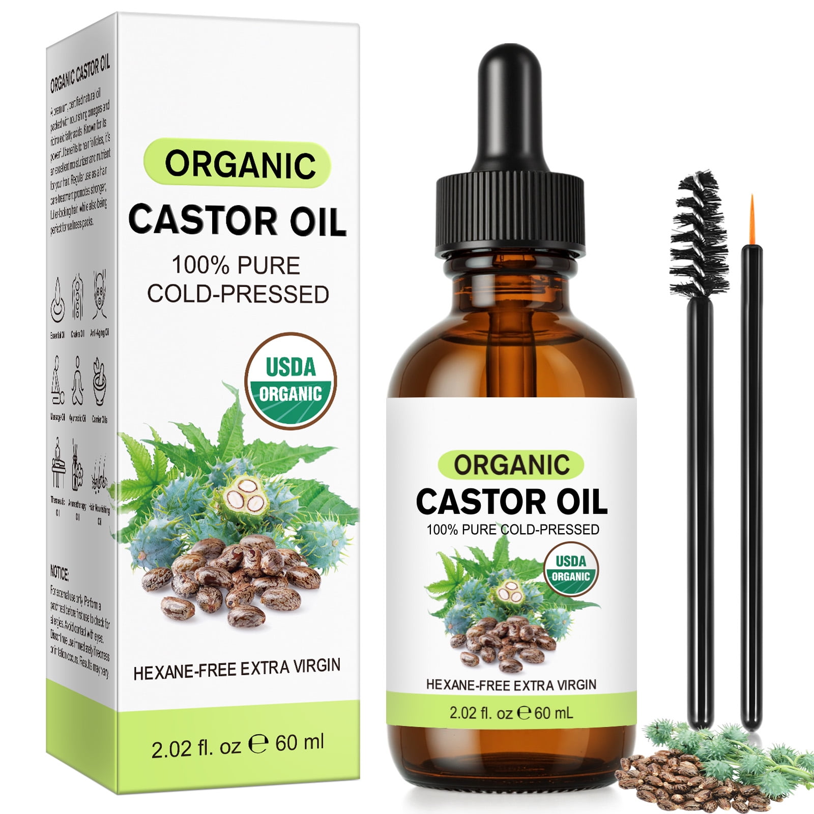 Organic Pure Castor Oil, Cold Pressed Unrefined Hexane Free, Nourishing Care for Hair Scalp Lashes Brows Skin & Nails, Carrier Oil for DIY Blends, 2 fl oz / 60mL