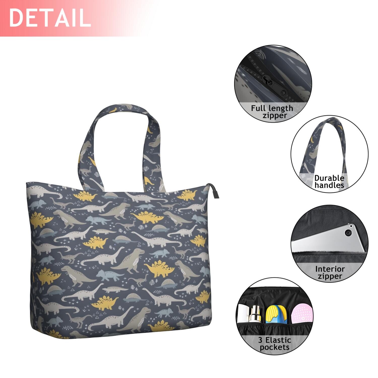 DarkGray Cartoon Dinosaurs Pattern Travel Tote Bags for Women Carry On,Large Weekender Bags for Women Travel,Multi Functional Duffle Bag for Work,Shopping,Sports