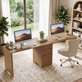 thumbnail image 5 of Bestier 95" 2 Person Computer Desk with Drawers, Fluted Two Person Office Desk, Long Double Writing PC Desk for Home Office, Brown, 5 of 9