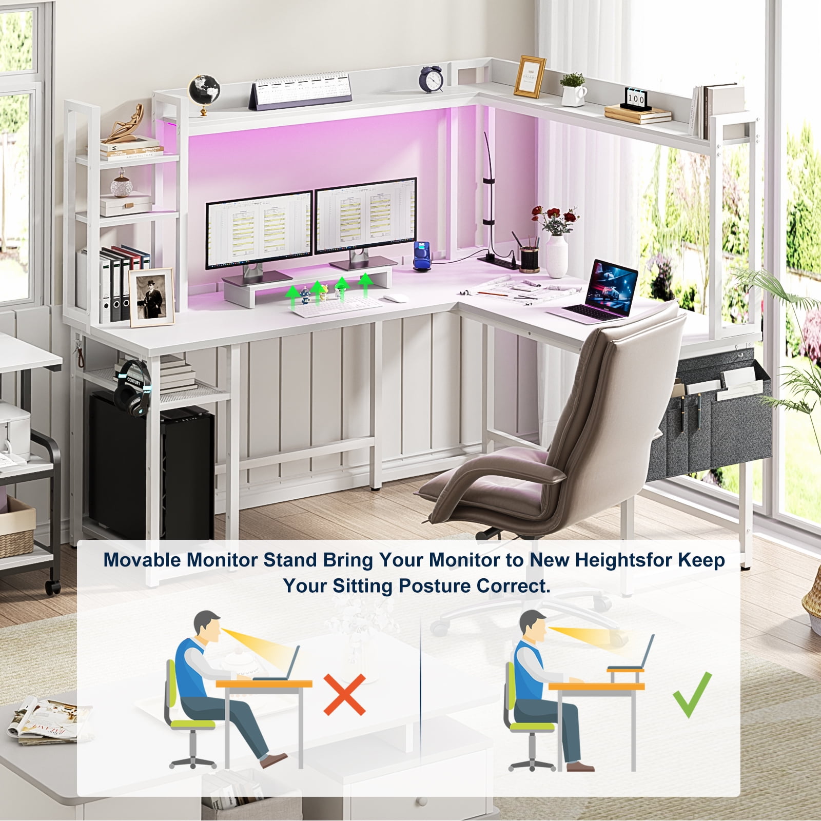 Homieasy L Shaped Desk with Power Outlet and LED lights, Ergonomic L-Shaped Gaming Desk with Monitor Stand, Reversible Corner Computer Desk with Hutch and Storage Shelf for Home Office, White