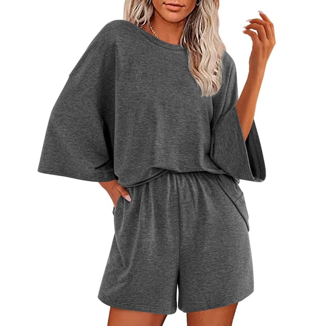 Conjunto de Verano Casual para Mujeres Color Sólido Manga Corta con Pantalones Cortos Elásticos