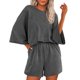 thumbnail image 1 of Conjunto de Verano Casual para Mujeres Color Sólido Manga Corta con Pantalones Cortos Elásticos, 1 of 2
