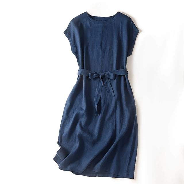 Meichang Robes d'Été pour Femmes Décontractées en Coton et Lin, Robes Midi Unies à Taille Nouée, Robes Trapèze à Manches Courtes à Col Ras du Cou, Robes Amples de Travail Bleu TTG