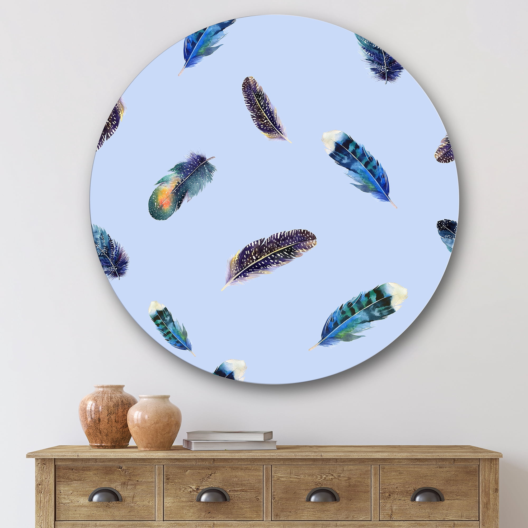 Designart 'Blue Feathers Boho Ethnic ' Bohemian & Eclectic Circle Metal Wall Art 29x29 - Disc of 29