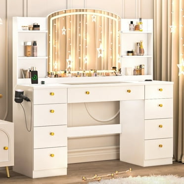 55 INCH Make Up Vanity Desk with LED Mirror, Glass Tabletop with Power Outlet, 9 Drawers, for Girls, Women, White