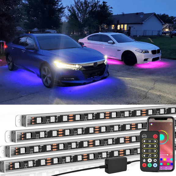 4Pcs Aluminum Underglow LED Lights for Cars,8 Color RGB 396 Led Sound Active Function Music Mode Underglow Kit,Music Mode with APP, Waterproof Underbody Neon Strip Light for Car SUV Truck