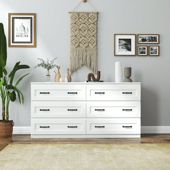 6 Drawer Dresser Cabinet with Metal Handle, Modern Wood Double Chest,Storage Organizer for Bedroom, Living Room,White