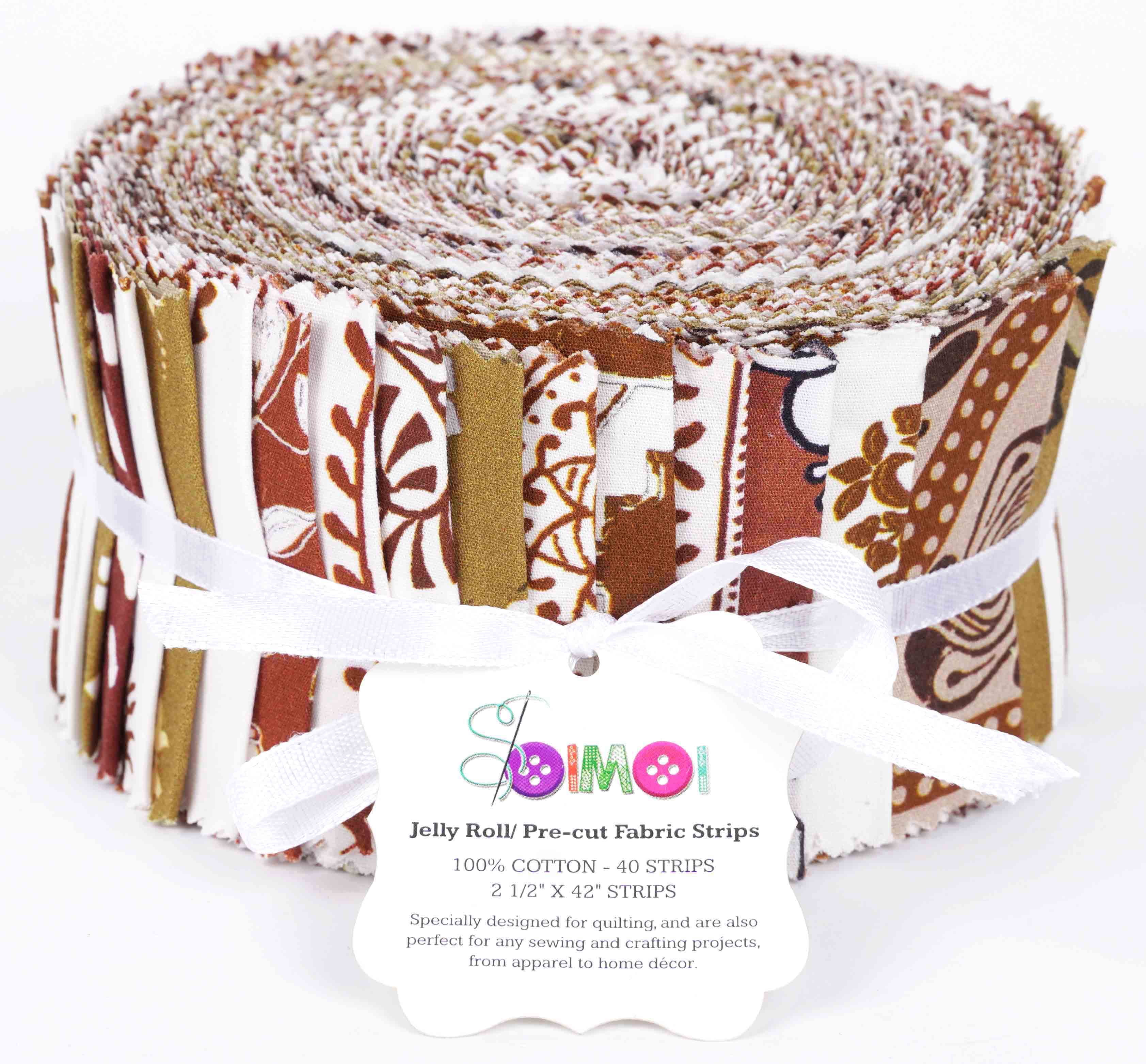Soimoi 40Pcs Block Print Cotton Precut Fabrics For Quilting Craft Strips 2.5x42inches Jelly Roll - Light Brown