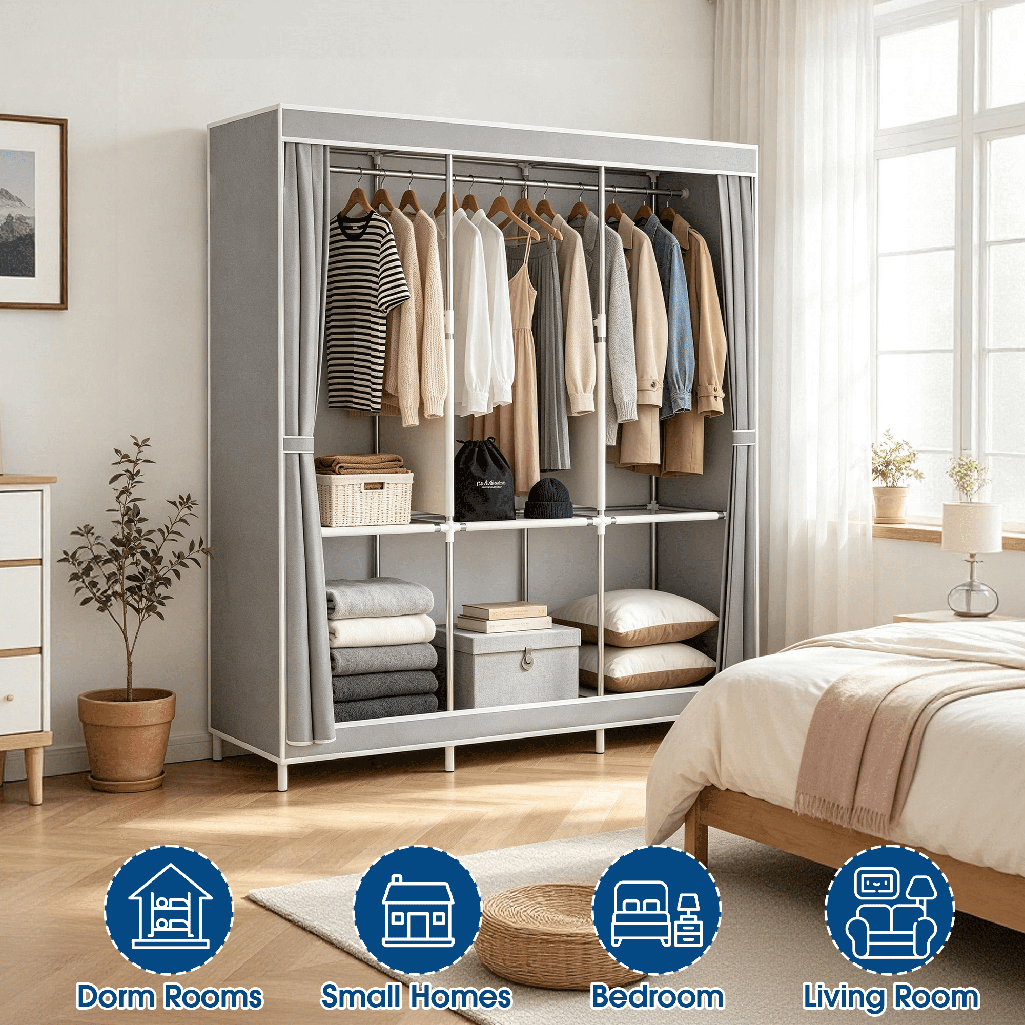 Portable Wardrobe, 50 Inch Freestanding Clothes Closet Organizer with 3 Hanging rods, 6 Storage Shelves and Side Pockets, Large Capacity Fabric Wardrobe for Bedroom
