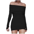 thumbnail image 1 of AherBiu Long Sleeve Dress for Women off Shoulder Basic Layer Black Dress Side Ruffle Slim Mini Dresses, 1 of 7