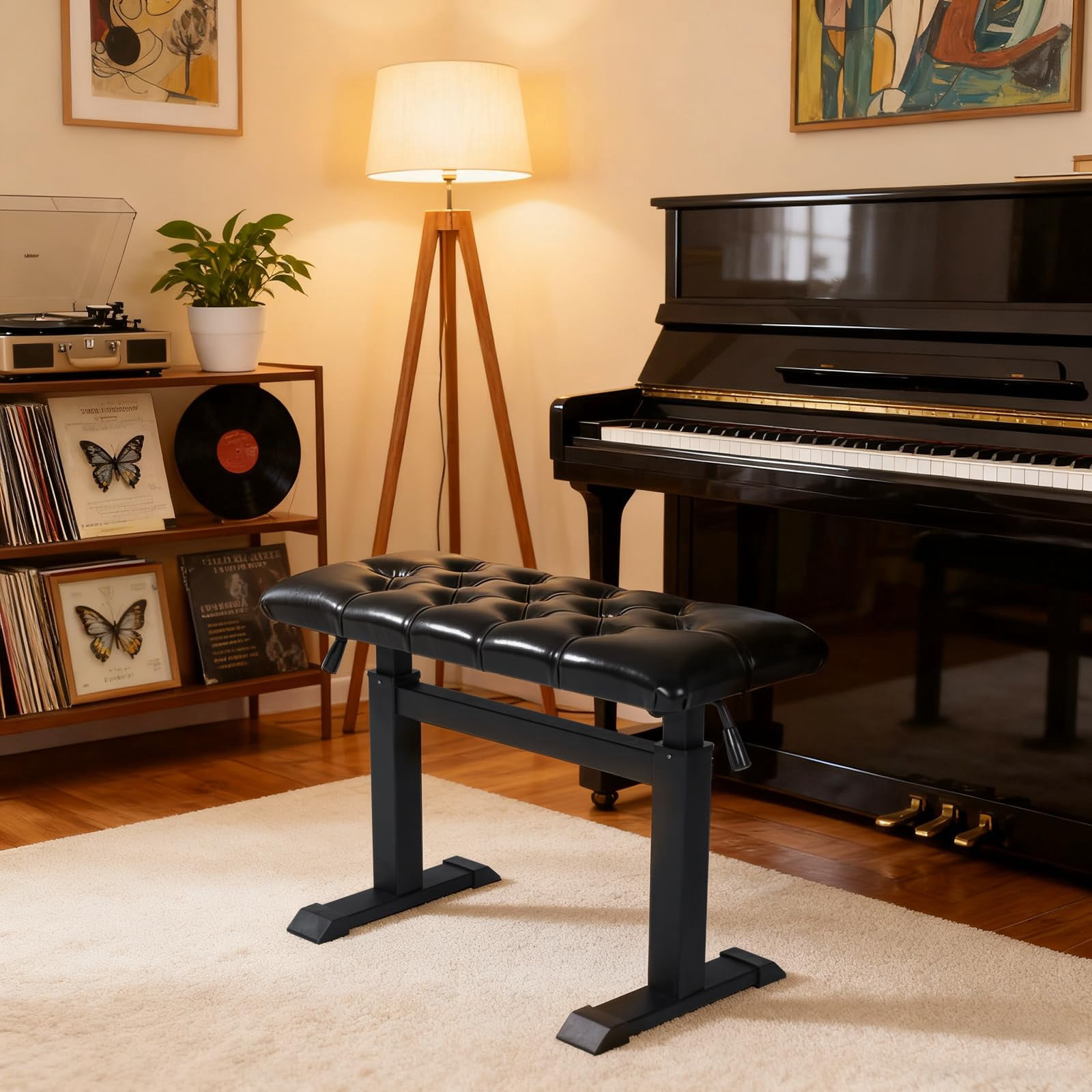 Hydraulic Piano Bench  Keyboard With Padded Cushion Ajustable Duet Heavy Duty Chair 28" X 12.2" Pu Leather Stool For Musicians