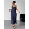 thumbnail image 7 of Navy Blue Satin Slip Dress With Spaghetti Straps And Cowl Neck For Evening Or Date Wear, 7 of 7