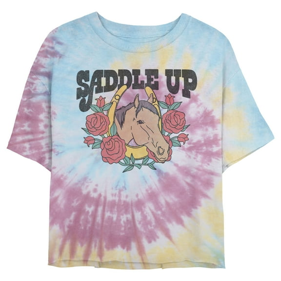 Juniors' Lost Gods Saddle Up Horse Cropped T-Shirt Blue/Pink/Light Yellow 2X Large