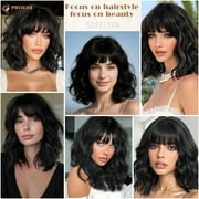 Phocas 12inch Short Bob Wigs for Women - Wavy Synthetic Bob Wig with Bangs, Face Slimming Short Wig, Glueless Wear and Go for Daily or Party (Black)