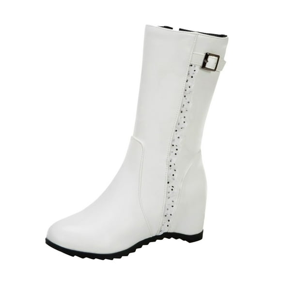 PEASKJP Casual Boots for Women Mid Calf Chunky Heels Patent Leather Boots,White 41