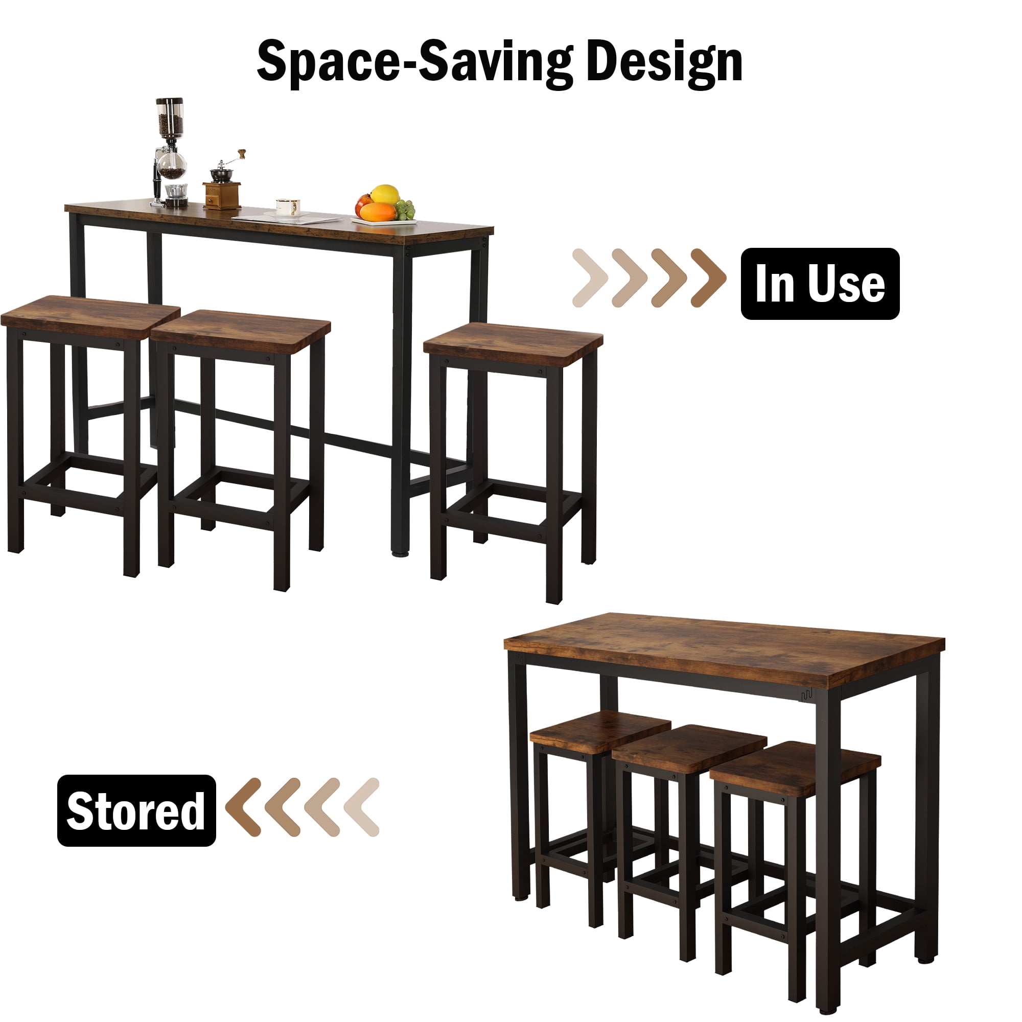 ATHMILE Brown Counter Height Extra Long Dining Table Set with 3-Stools Pub Kitchen Set Side Table with Footrest