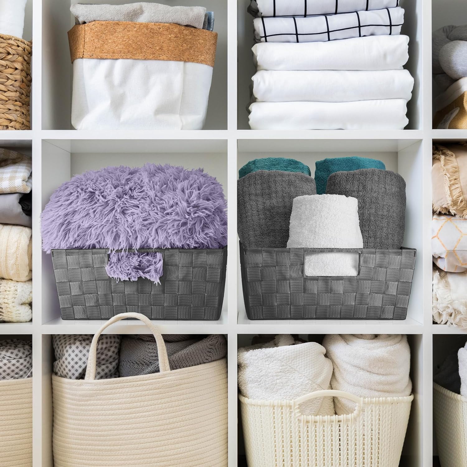 Sorbus Woven Basket Bin Set - Shelf Storage Tote Baskets for Household Items - Stackable with Woven Straps & Built-in Carry Handles (Gray)