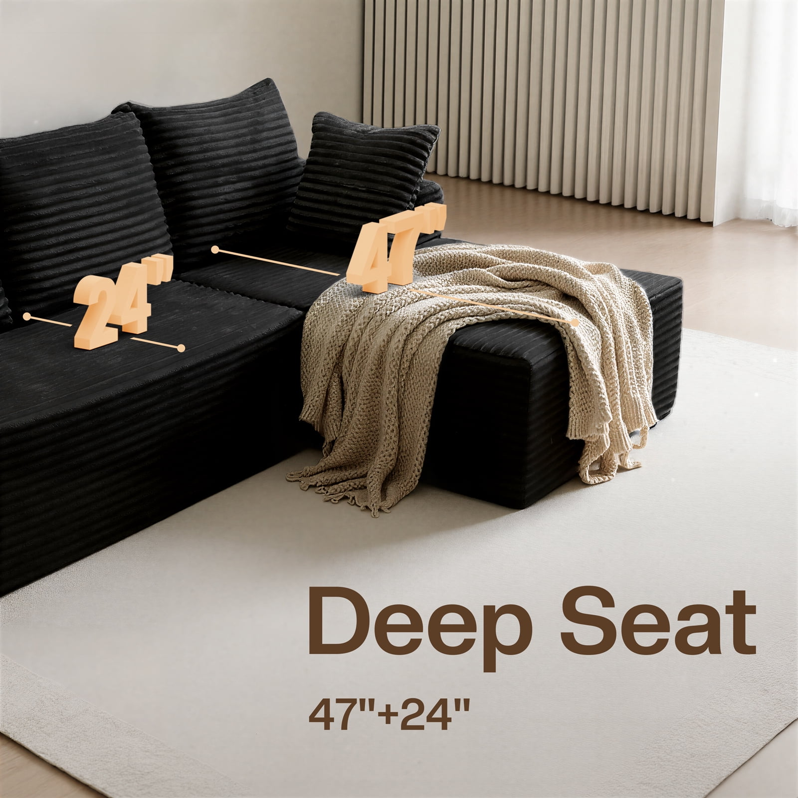 Kelyda 96" Modular L-Shaped Cloud Sofa, Plush Boneless Sectional with Deep Seats Chaise Corduroy Fabric, Black