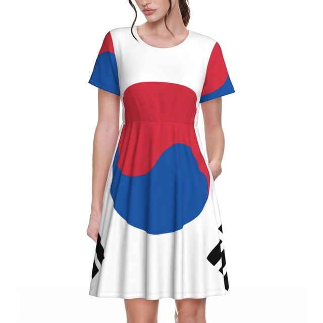 Bixox Robe d'Été à Manches Courtes pour Femmes Robe Ample Longueur Genou avec Poches-Corée