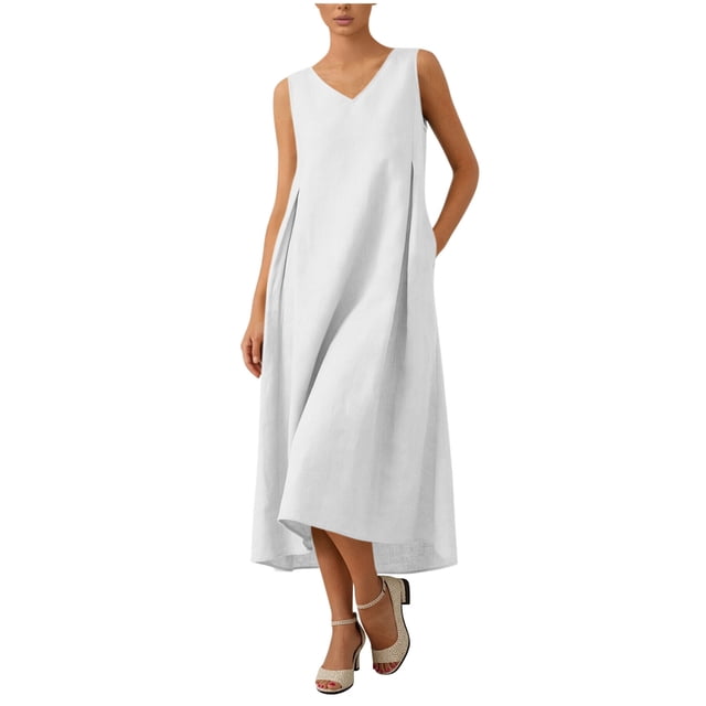 Vestido Corto para Mujeres Moda de Verano Sólido Cuello en V sin Mangas Bolsillo Plisado Vestido Casual Diario