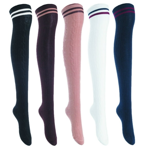 5 Pairs Awesome Women Thigh High Cotton Boot Socks. Comfortable, Durable Knee High Socks Size 6-9 Black, Coffee, Khaki, White, Navy T1023-5c4