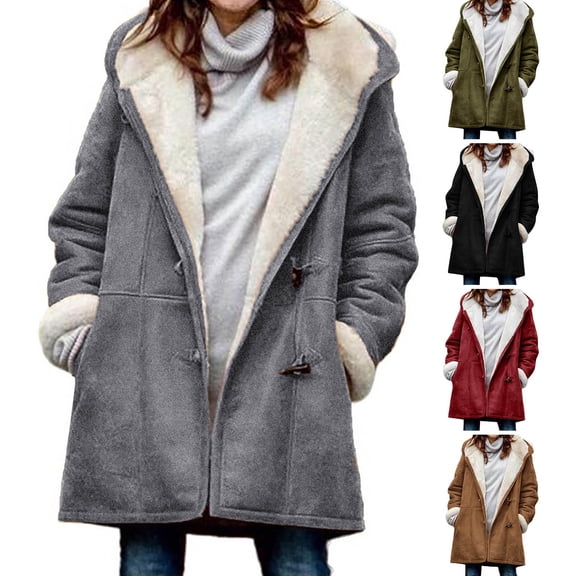 Women Fuzzy Jacket Fleece Lined Hooded Horn Buttons Medium Length Overcoat Winter Windproof Furry Outerwear Streetwear