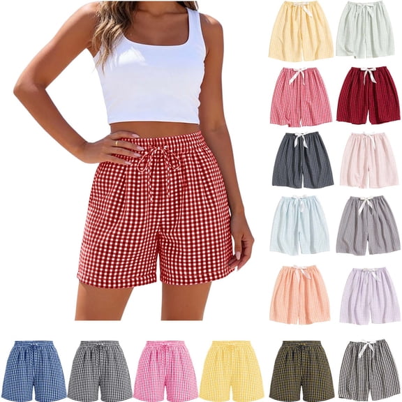 Danhjin Women's Plaid Short Summer Casual Elastic Waist with Drawstring Fashion Loungewear Going out Holiday Vacation Shorts with Pockets