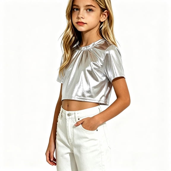 Posijego Kids Girls Metallic T-Shirts Short Sleeve Crop Tops Party Dance Club Trendy Dressy Blouses Sizes 2-15 Years