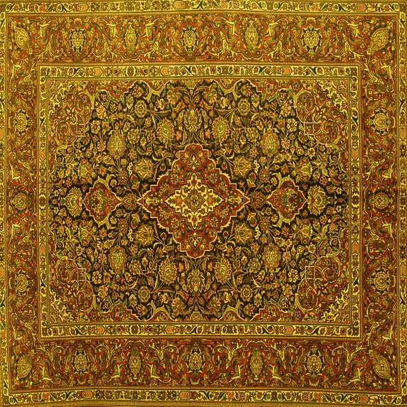 Ahgly Company Machine Washable Indoor Square Medallion Yellow Traditional Area Rugs, 7' Square