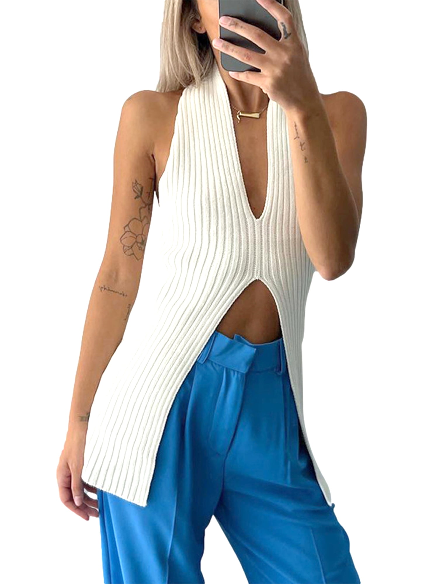 Women Halter V Neck Knit Sweater Vest 
