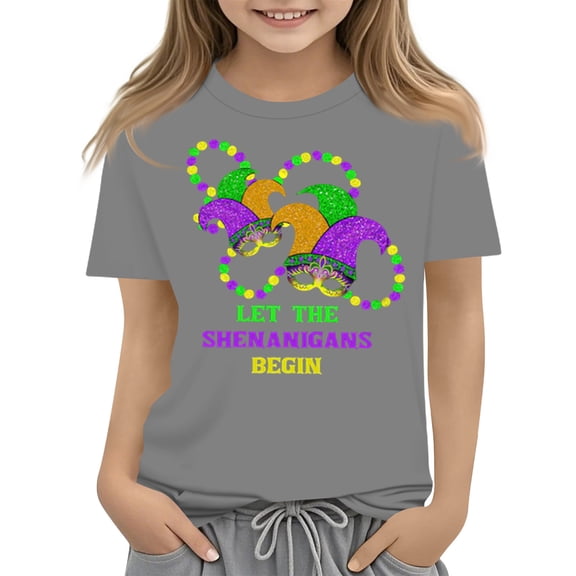 Abcomgle Mardi Gras Shirts for Girls Carnival Mask T-Shirts for Kid Girls Crewneck Short Sleeve T Shirts for Girls Spring Funny Parade Tee Top Girls