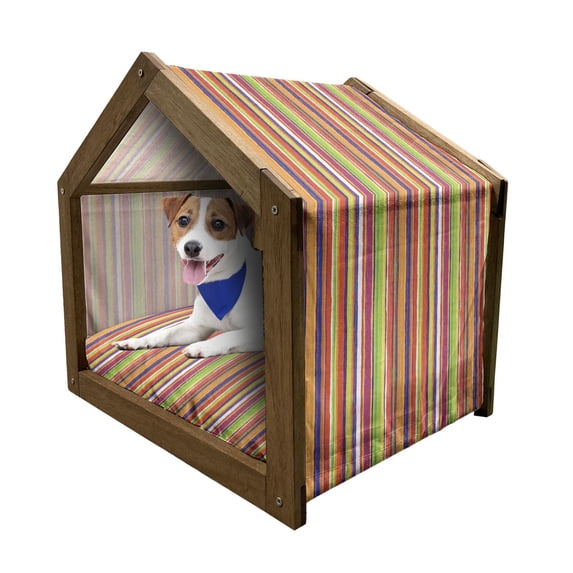 Stripes Pet House, Hand Drawn Barcode Style Lines Rainbow Colored Abstract Geometric Illustration, Outdoor & Indoor Portable Dog Kennel with Pillow and Cover, 5 Sizes, Multicolor, by Ambesonne